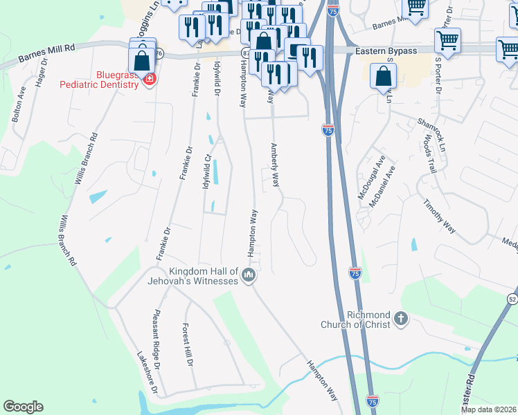 map of restaurants, bars, coffee shops, grocery stores, and more near 605 Hampton Way in Richmond