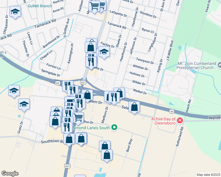 map of restaurants, bars, coffee shops, grocery stores, and more near 515 Salem Drive in Owensboro