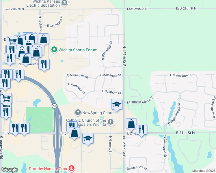 map of restaurants, bars, coffee shops, grocery stores, and more near 12505 East Boxthorn Street in Wichita