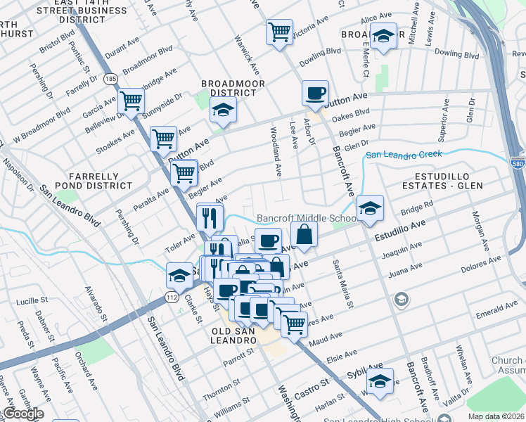 map of restaurants, bars, coffee shops, grocery stores, and more near 965 Ramona Way in San Leandro