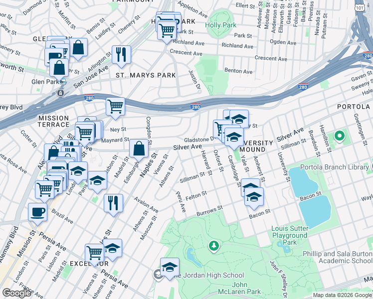 map of restaurants, bars, coffee shops, grocery stores, and more near 400-498 Pioche Street in San Francisco