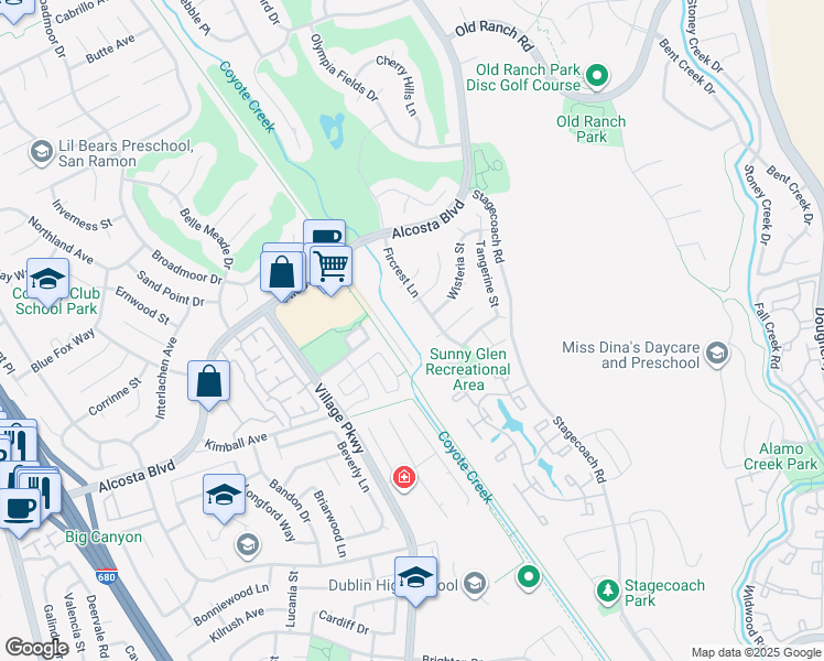 map of restaurants, bars, coffee shops, grocery stores, and more near 9199 Fircrest Lane in San Ramon