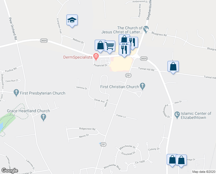 map of restaurants, bars, coffee shops, grocery stores, and more near 536 Bewley Boulevard in Elizabethtown