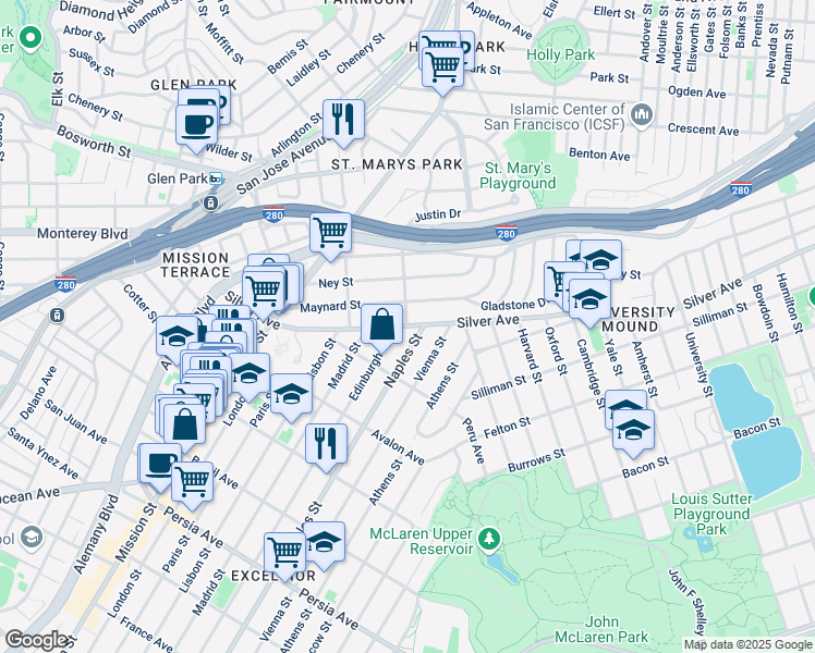 map of restaurants, bars, coffee shops, grocery stores, and more near Silver Avenue in San Francisco