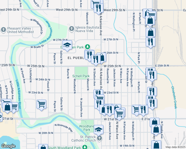 map of restaurants, bars, coffee shops, grocery stores, and more near 2517 North Shelton Avenue in Wichita