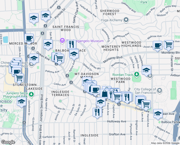 map of restaurants, bars, coffee shops, grocery stores, and more near 95 Keystone Way in San Francisco