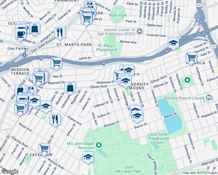 map of restaurants, bars, coffee shops, grocery stores, and more near 127 Harvard Street in San Francisco