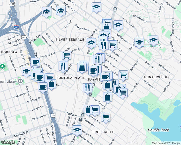 map of restaurants, bars, coffee shops, grocery stores, and more near in San Francisco