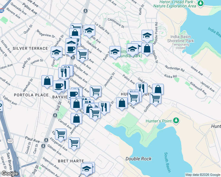 map of restaurants, bars, coffee shops, grocery stores, and more near 1350 Thomas Avenue in San Francisco
