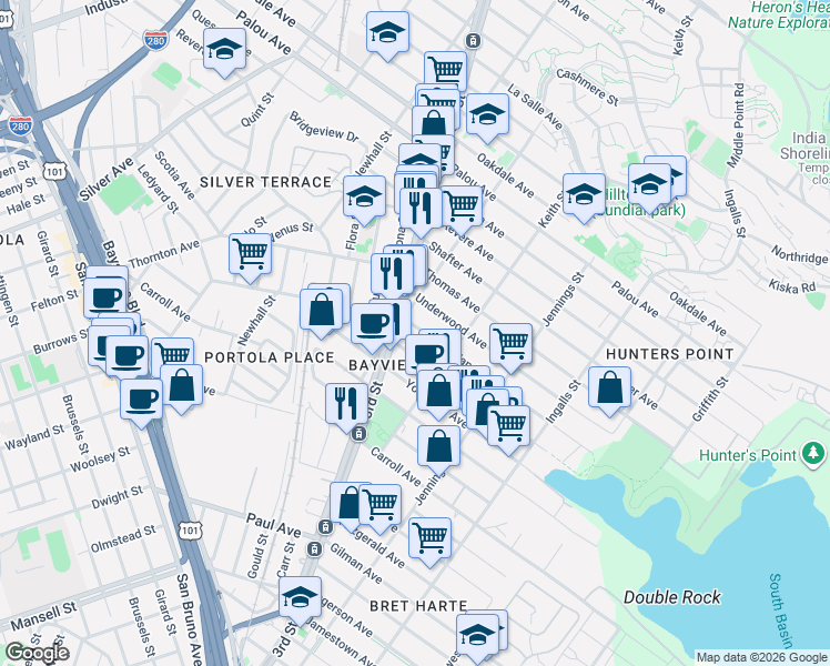 map of restaurants, bars, coffee shops, grocery stores, and more near 5411 3rd Street in San Francisco