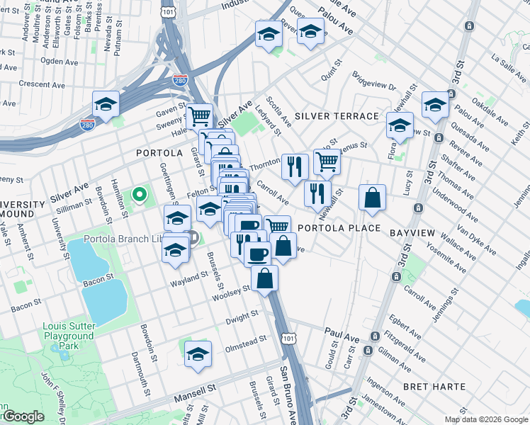 map of restaurants, bars, coffee shops, grocery stores, and more near 1882 Egbert Avenue in San Francisco
