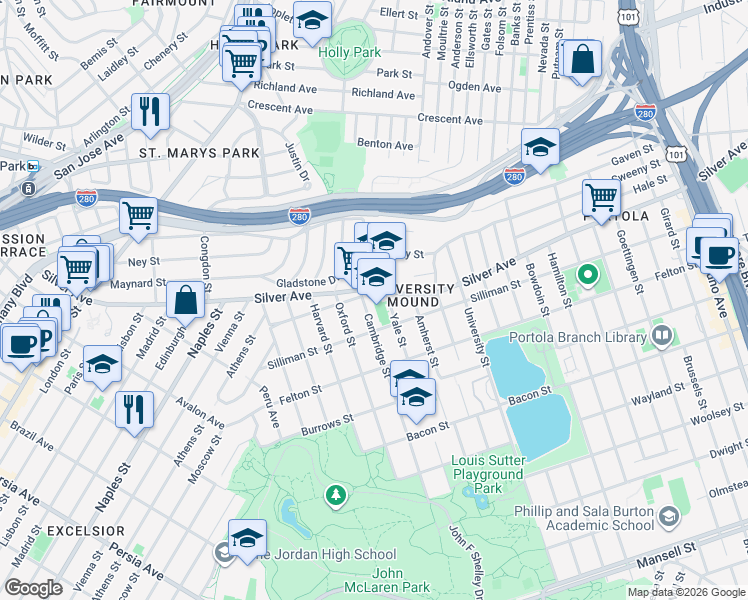 map of restaurants, bars, coffee shops, grocery stores, and more near 270 Cambridge Street in San Francisco
