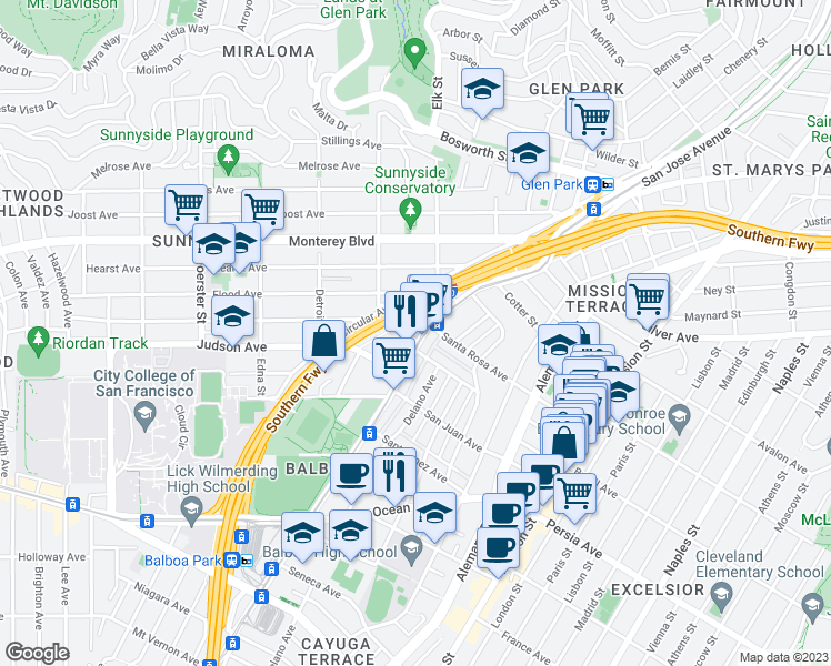map of restaurants, bars, coffee shops, grocery stores, and more near 1837 San Jose Avenue in San Francisco
