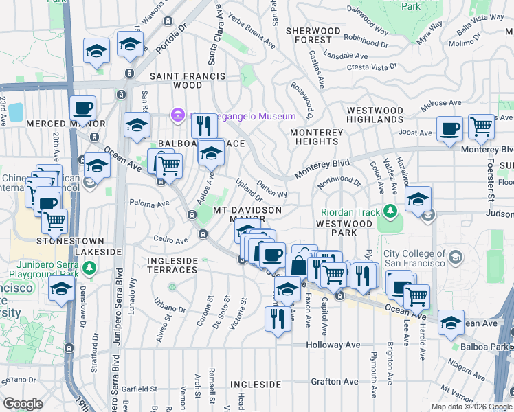 map of restaurants, bars, coffee shops, grocery stores, and more near 95 Keystone Way in San Francisco