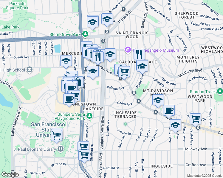map of restaurants, bars, coffee shops, grocery stores, and more near 65 Mercedes Way in San Francisco