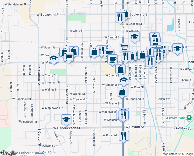map of restaurants, bars, coffee shops, grocery stores, and more near 318 South Vicksburg Street in Marion