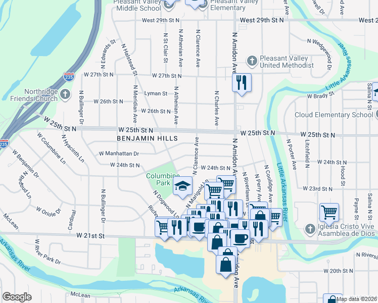 map of restaurants, bars, coffee shops, grocery stores, and more near 2501-2519 North Clarence Avenue in Wichita