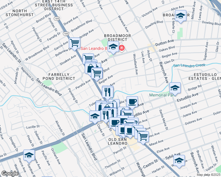map of restaurants, bars, coffee shops, grocery stores, and more near 153-a Haas Avenue in San Leandro