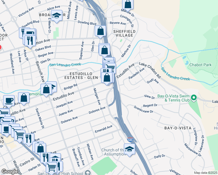 map of restaurants, bars, coffee shops, grocery stores, and more near 1383 MacArthur Boulevard in San Leandro