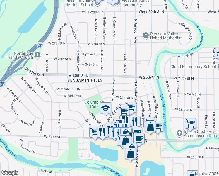 map of restaurants, bars, coffee shops, grocery stores, and more near 2501-2519 North Clarence Avenue in Wichita