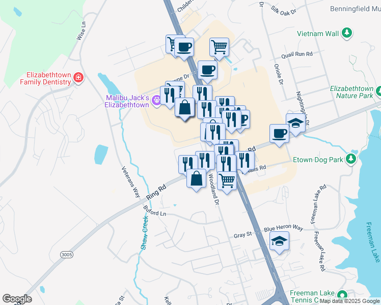 map of restaurants, bars, coffee shops, grocery stores, and more near in Elizabethtown