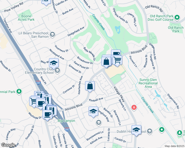 map of restaurants, bars, coffee shops, grocery stores, and more near 9085 Alcosta Boulevard in San Ramon