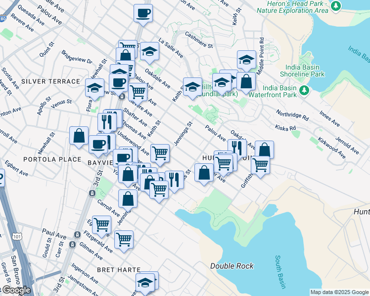 map of restaurants, bars, coffee shops, grocery stores, and more near 1350 Thomas Avenue in San Francisco