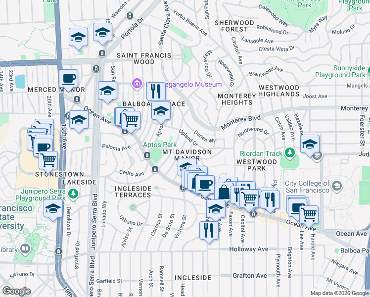 map of restaurants, bars, coffee shops, grocery stores, and more near 85 Manor Drive in San Francisco