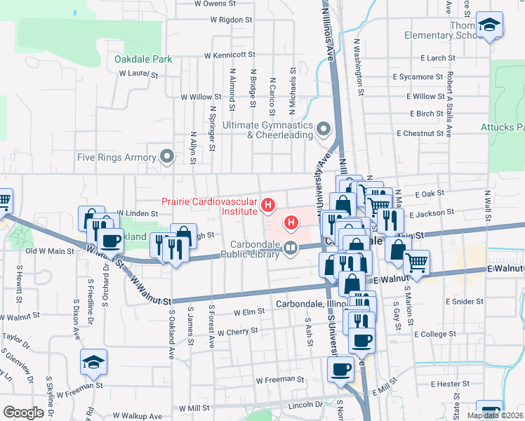 map of restaurants, bars, coffee shops, grocery stores, and more near 301 North Poplar Street in Carbondale