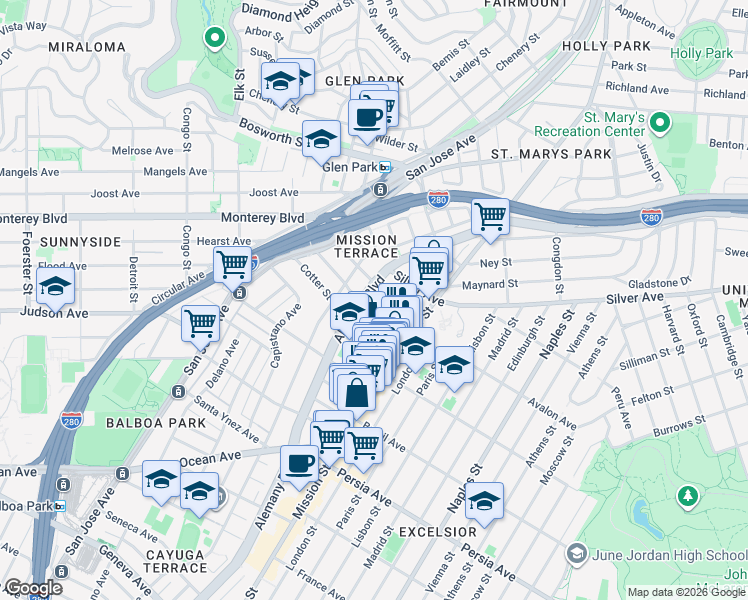 map of restaurants, bars, coffee shops, grocery stores, and more near 86 Theresa Street in San Francisco