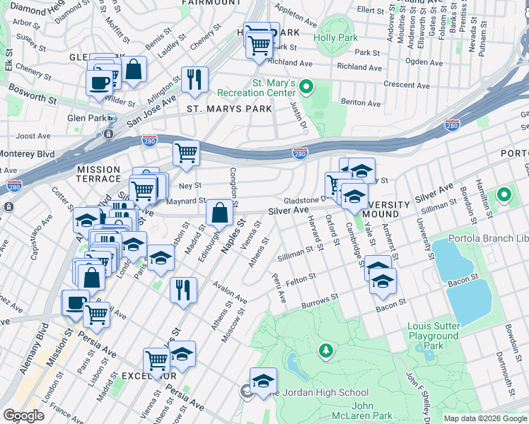 map of restaurants, bars, coffee shops, grocery stores, and more near 2 Vienna Street in San Francisco