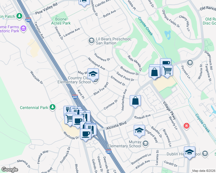 map of restaurants, bars, coffee shops, grocery stores, and more near 9595 Ernwood Street in San Ramon