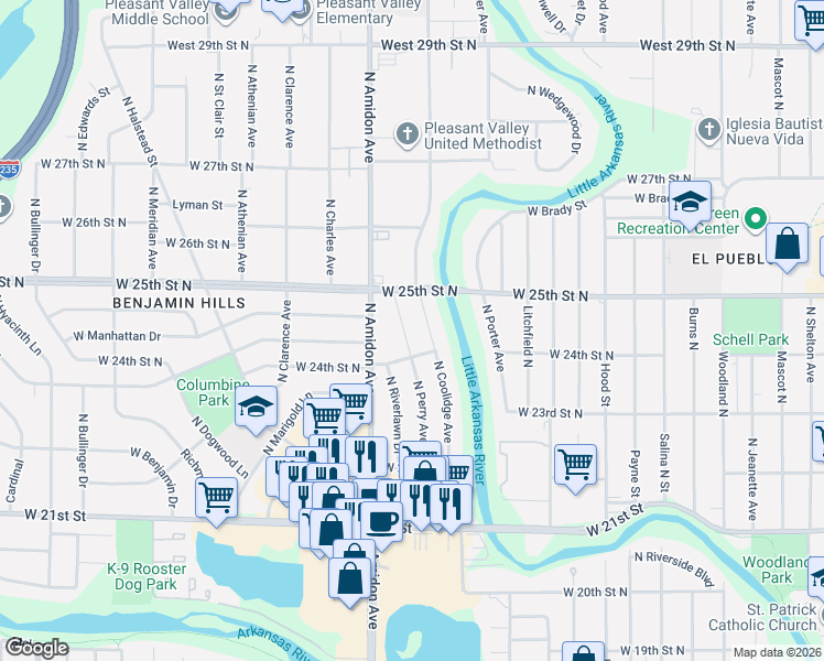 map of restaurants, bars, coffee shops, grocery stores, and more near 2544 North Perry Avenue in Wichita