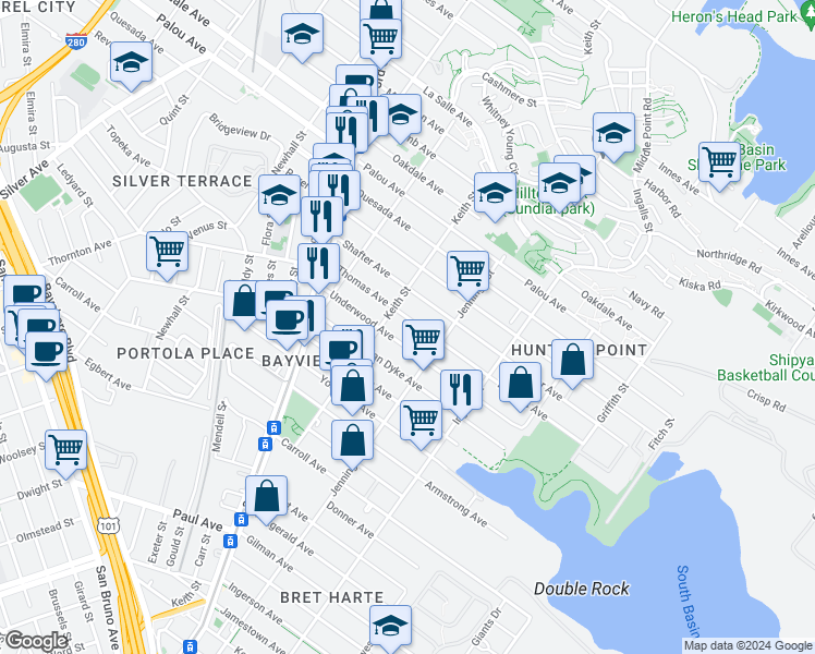 map of restaurants, bars, coffee shops, grocery stores, and more near 1463 Thomas Avenue in San Francisco