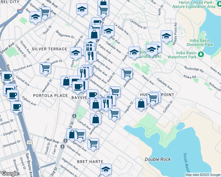 map of restaurants, bars, coffee shops, grocery stores, and more near 1463 Thomas Avenue in San Francisco