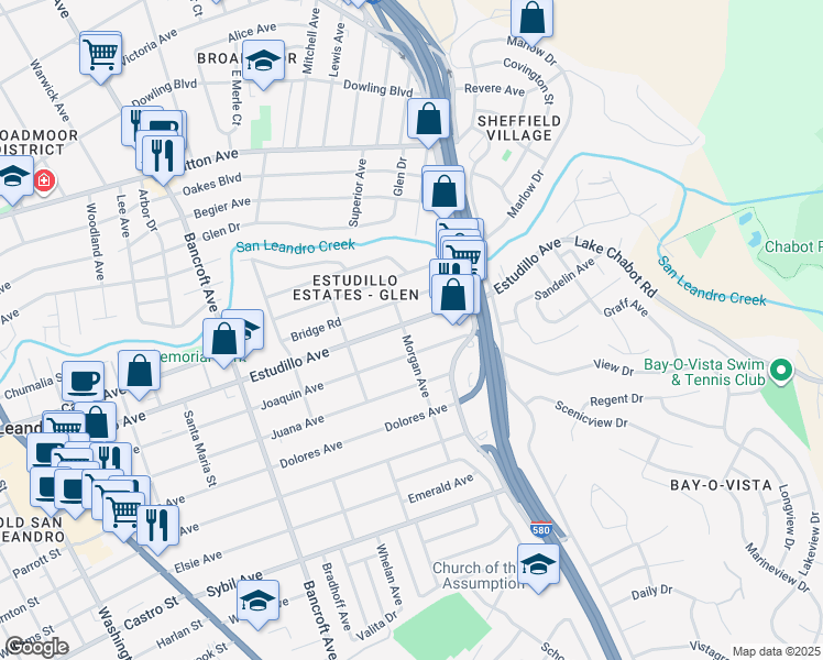 map of restaurants, bars, coffee shops, grocery stores, and more near 915 Estudillo Avenue in San Leandro