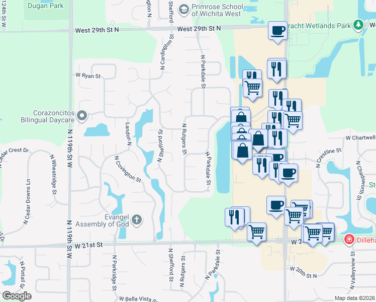 map of restaurants, bars, coffee shops, grocery stores, and more near 2514 North Rutgers Street in Wichita