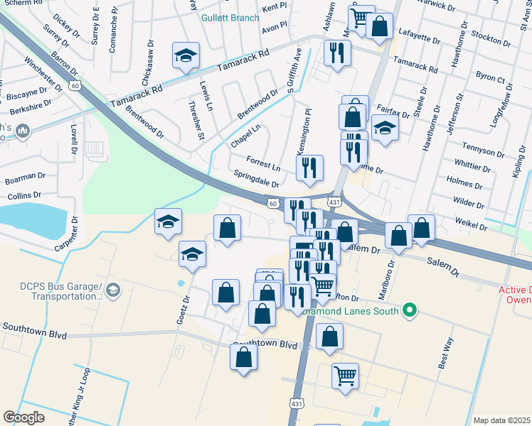 map of restaurants, bars, coffee shops, grocery stores, and more near 1335 Coventry Lane in Owensboro