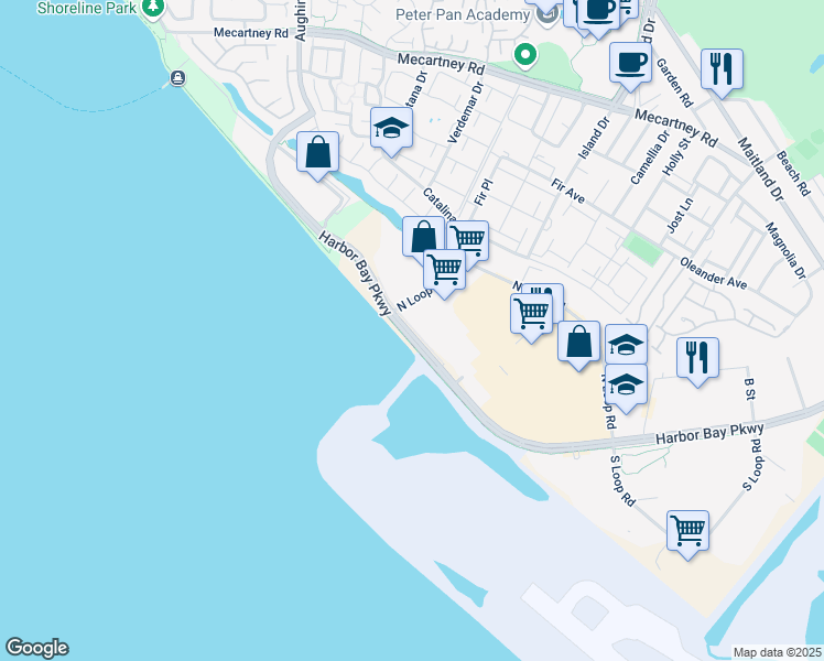 map of restaurants, bars, coffee shops, grocery stores, and more near 2161,2179 Harbor Bay Parkway in Alameda