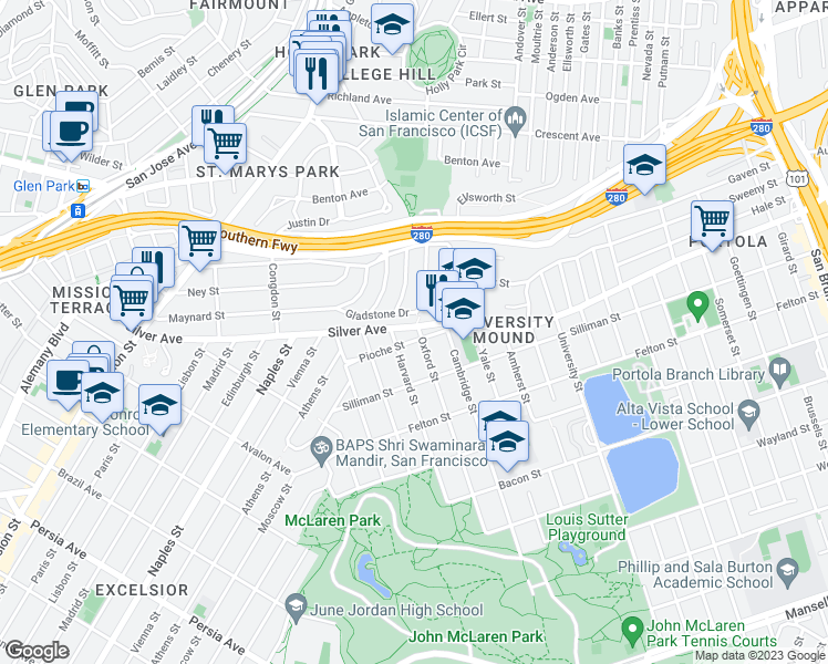 map of restaurants, bars, coffee shops, grocery stores, and more near 740 Silver Avenue in San Francisco