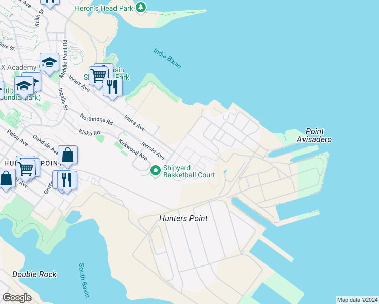 map of restaurants, bars, coffee shops, grocery stores, and more near 401 Galvez Avenue in San Francisco