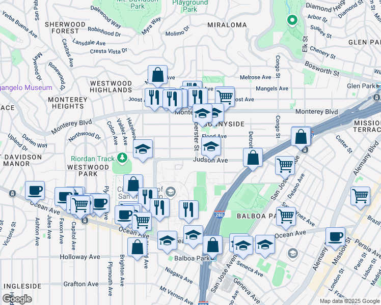 map of restaurants, bars, coffee shops, grocery stores, and more near 427 Flood Avenue in San Francisco