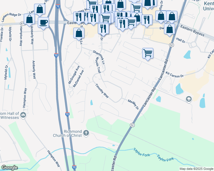 map of restaurants, bars, coffee shops, grocery stores, and more near 122 Woods Trail in Richmond