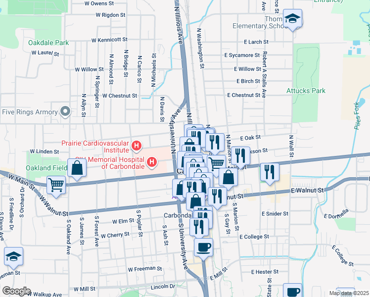 map of restaurants, bars, coffee shops, grocery stores, and more near 304-308 N University Ave in Carbondale