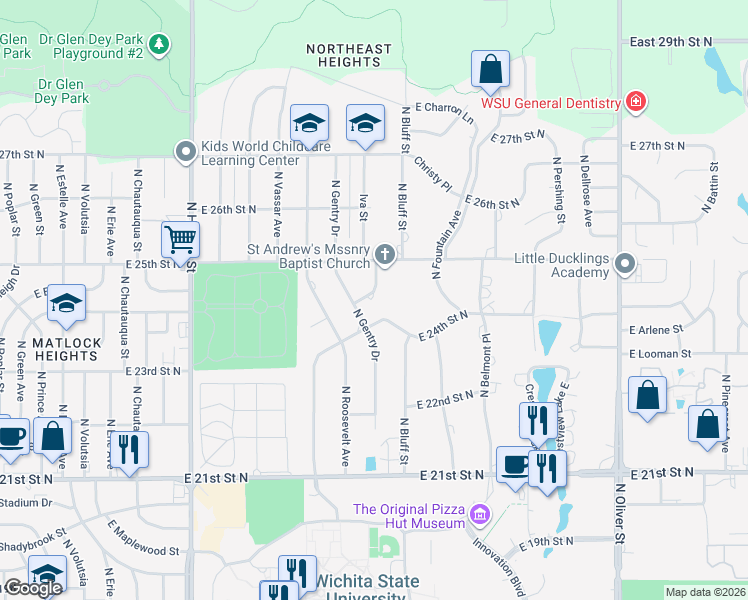 map of restaurants, bars, coffee shops, grocery stores, and more near 2535 Fenner Street in Wichita