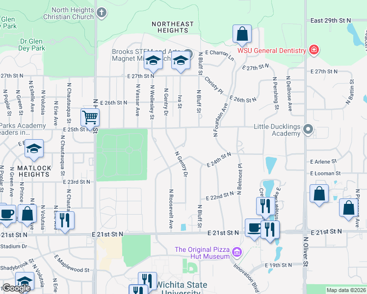 map of restaurants, bars, coffee shops, grocery stores, and more near 2535 Fenner Street in Wichita