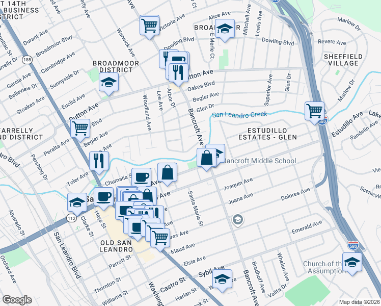 map of restaurants, bars, coffee shops, grocery stores, and more near 1021 Lee Avenue in San Leandro
