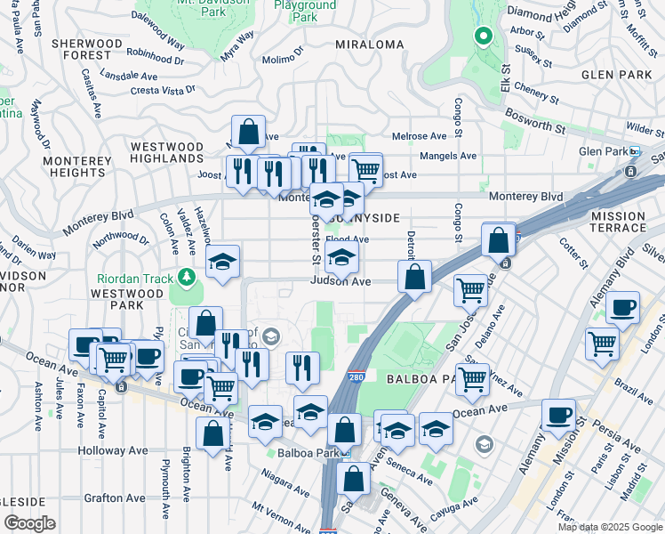 map of restaurants, bars, coffee shops, grocery stores, and more near 363 Flood Avenue in San Francisco