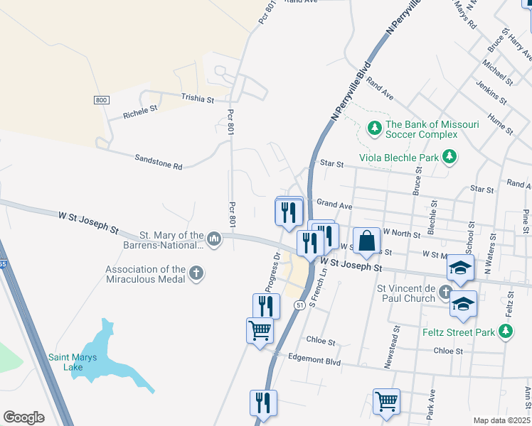 map of restaurants, bars, coffee shops, grocery stores, and more near 17 Sycamore Road in Perryville