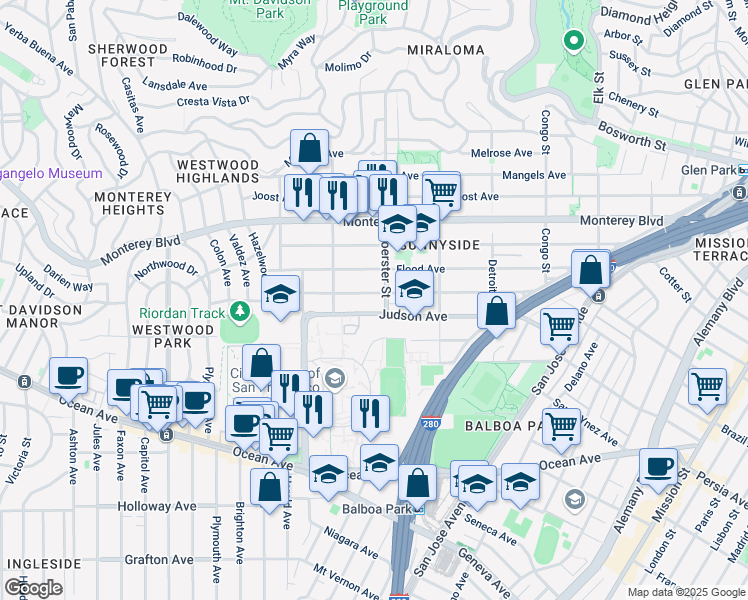 map of restaurants, bars, coffee shops, grocery stores, and more near 427 Flood Avenue in San Francisco